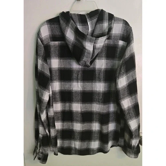 Aeropostale Hooded Flannel Shirt Mens‎ Size L Black White Plaid Button Down - Picture 2 of 9